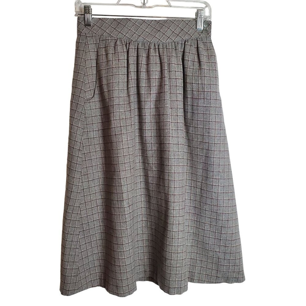 Vintage Pan-her‎ 26 Wool Blend A-line Midi Skirt Window Pane Plaid Pockets Gray